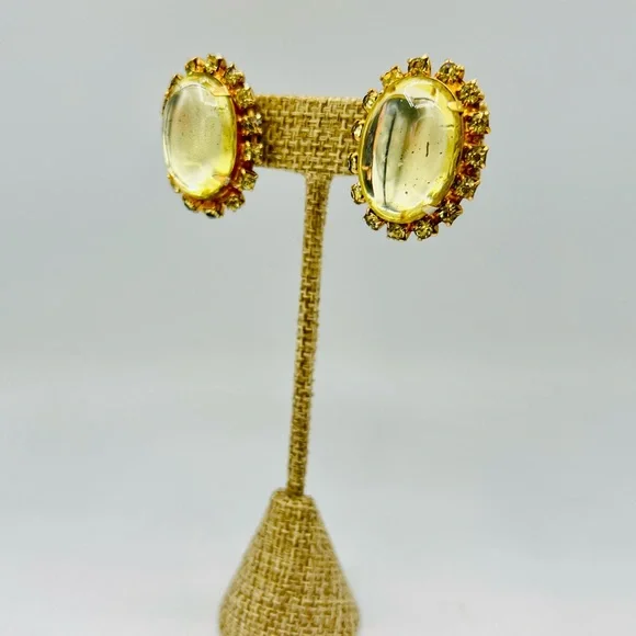 Vintage clip on earrings lemon yellow oval rhinestones - Picture 3 of 11